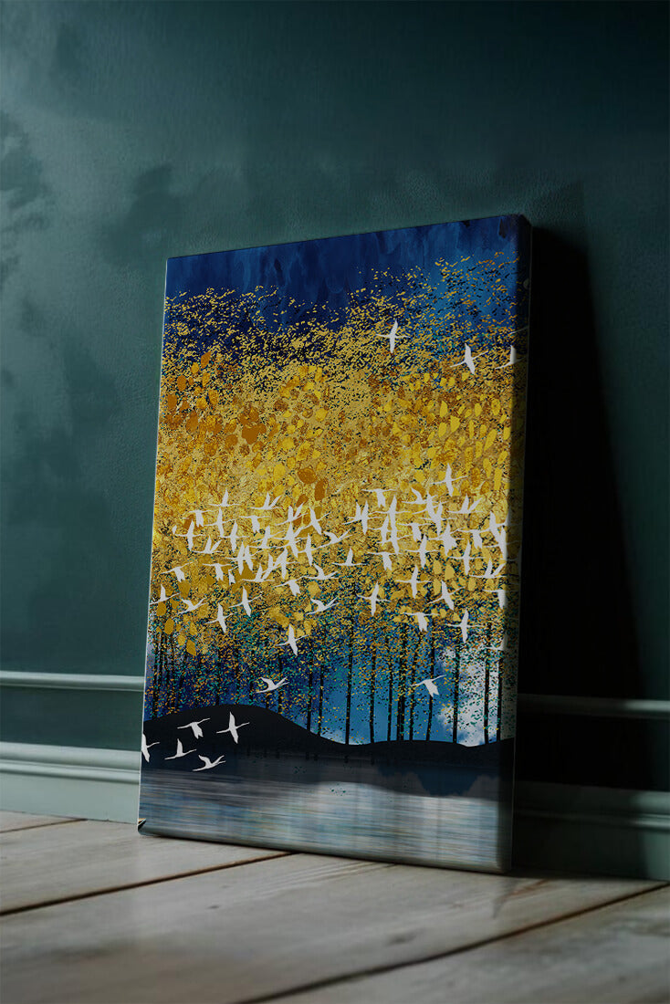 Vibrant Forest Landscape with Birds and Golden Leaves