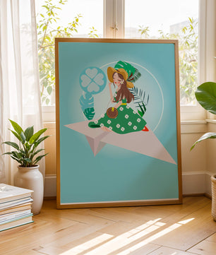 Mujer en un avión de papel con fondo de tema tropical