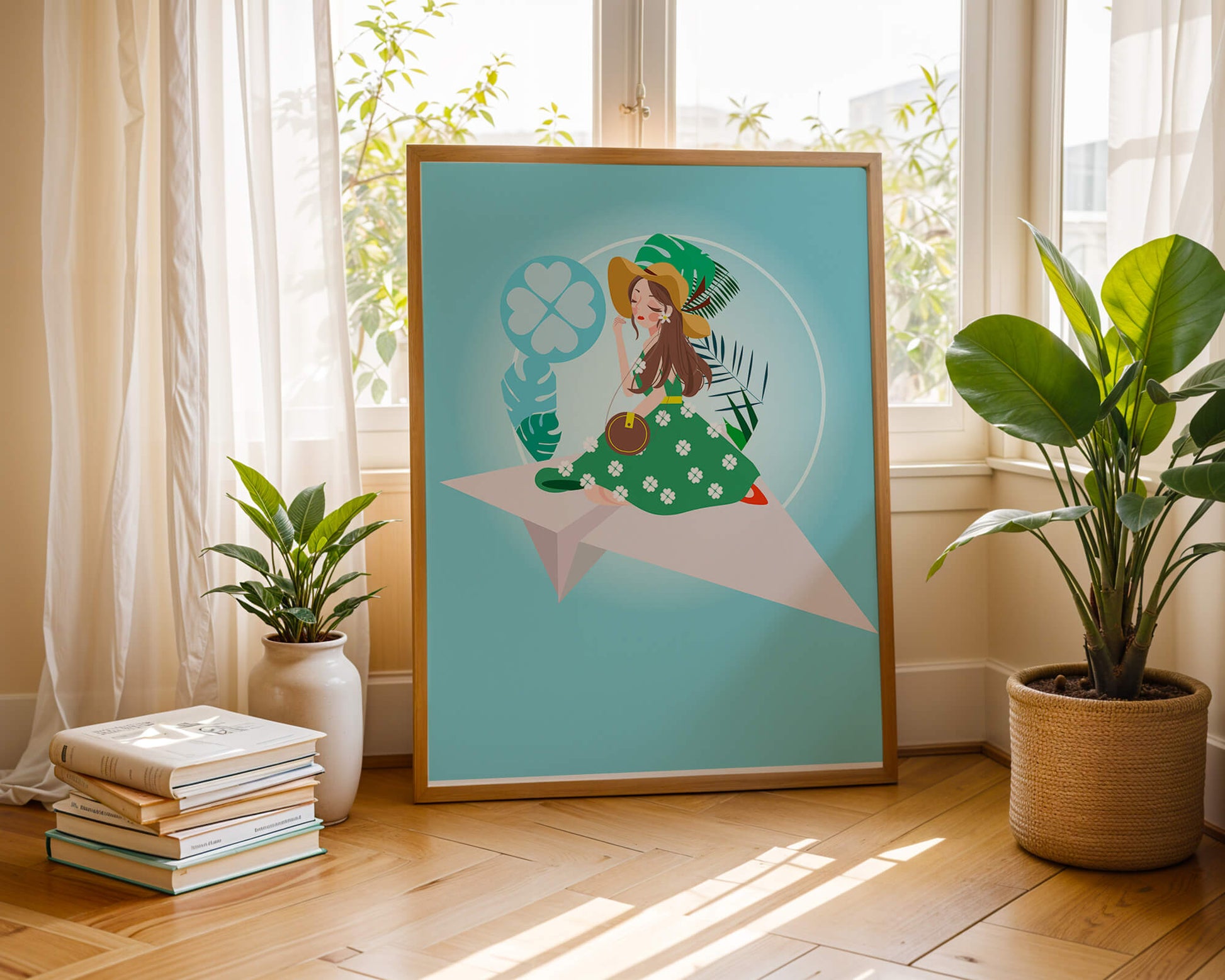 Woman on paper plane with tropical theme background