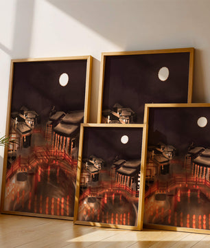 Traditional Japanese village at night with lanterns and full moon