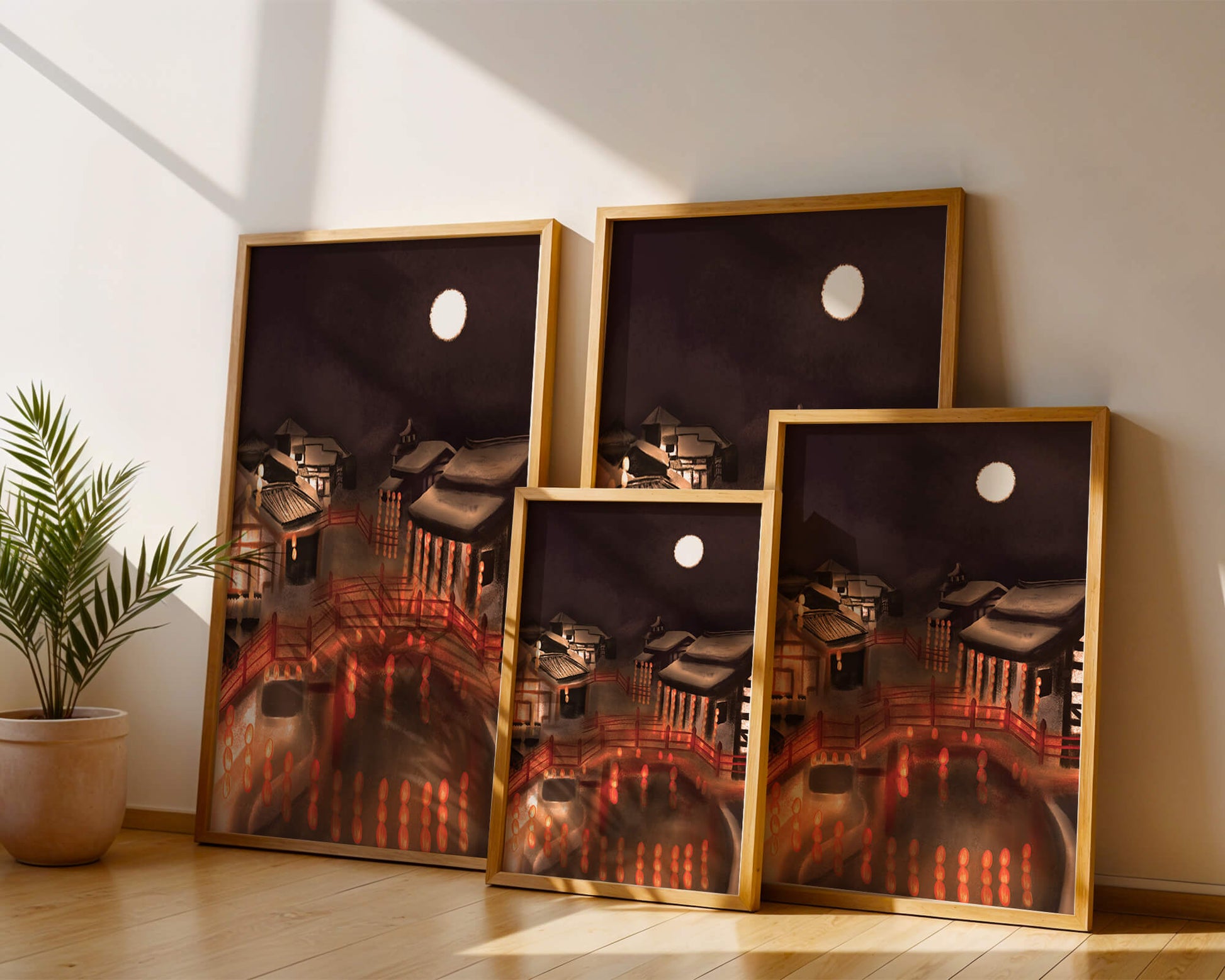 Traditional Japanese village at night with lanterns and full moon