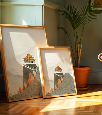 Serene mountain landscape with traditional Asian architecture