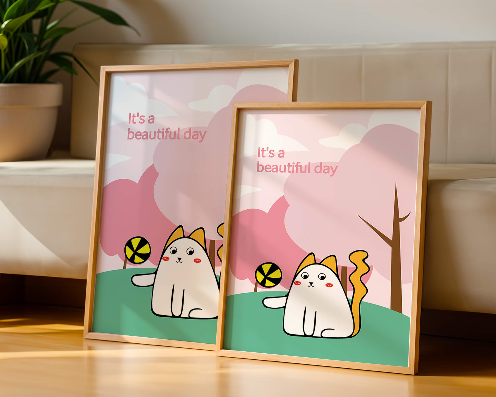 Charming cat illustration in a playful park scene with trees and clouds