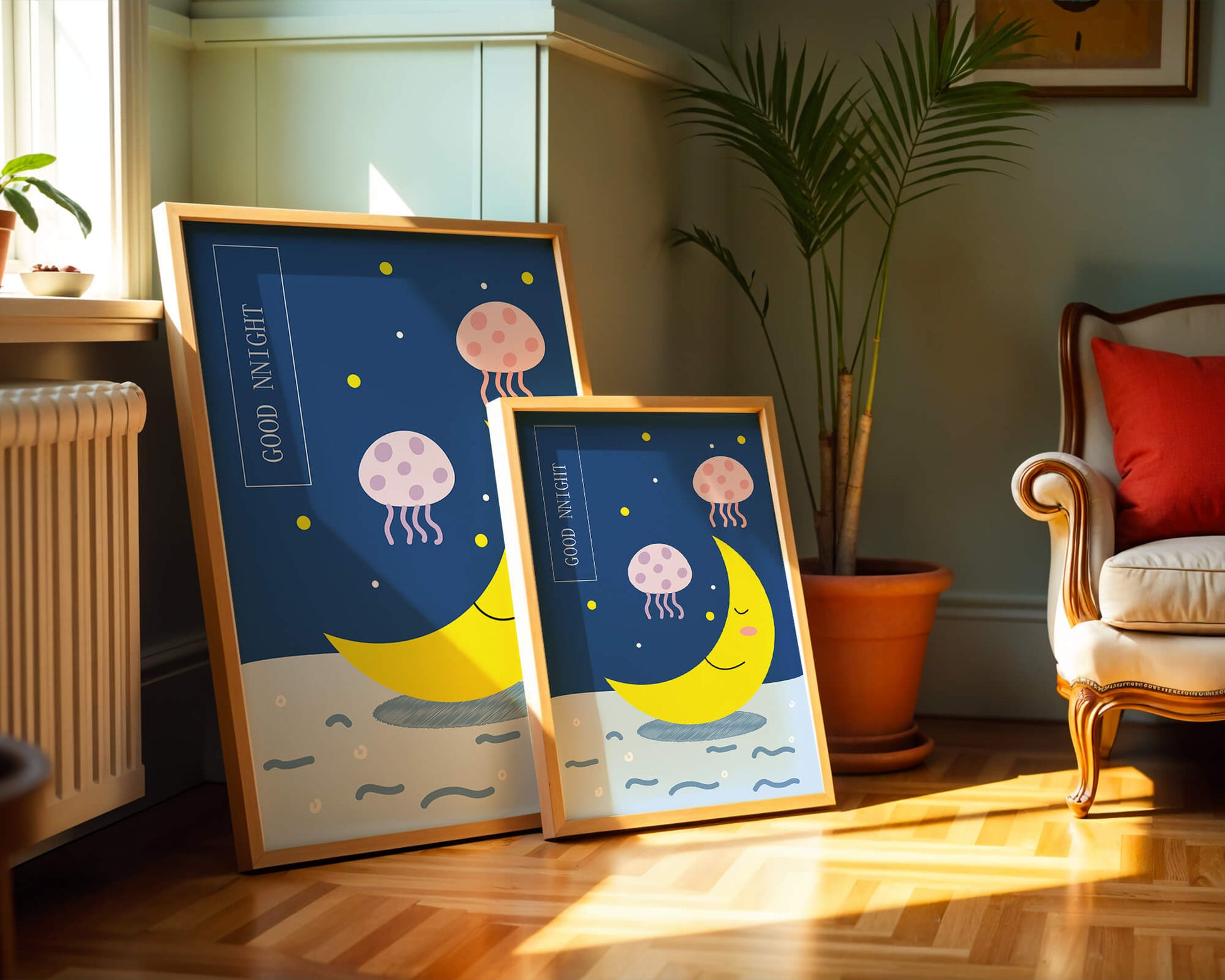 Whimsical night scene with a smiling moon and playful jellyfish