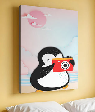 Whimsical penguin illustration with a camera on a pastel beach