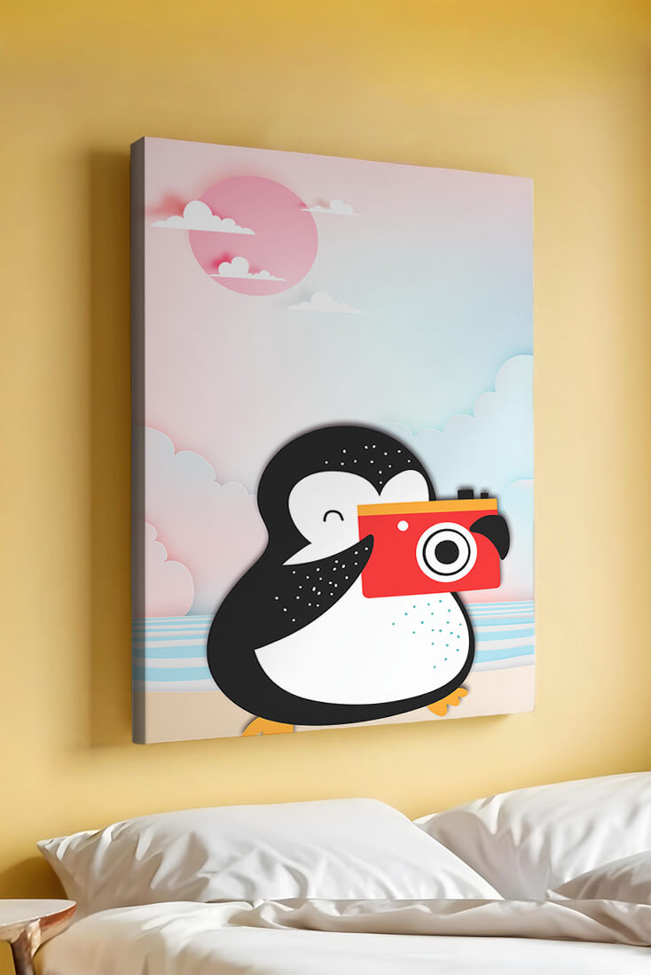 Whimsical penguin illustration with a camera on a pastel beach