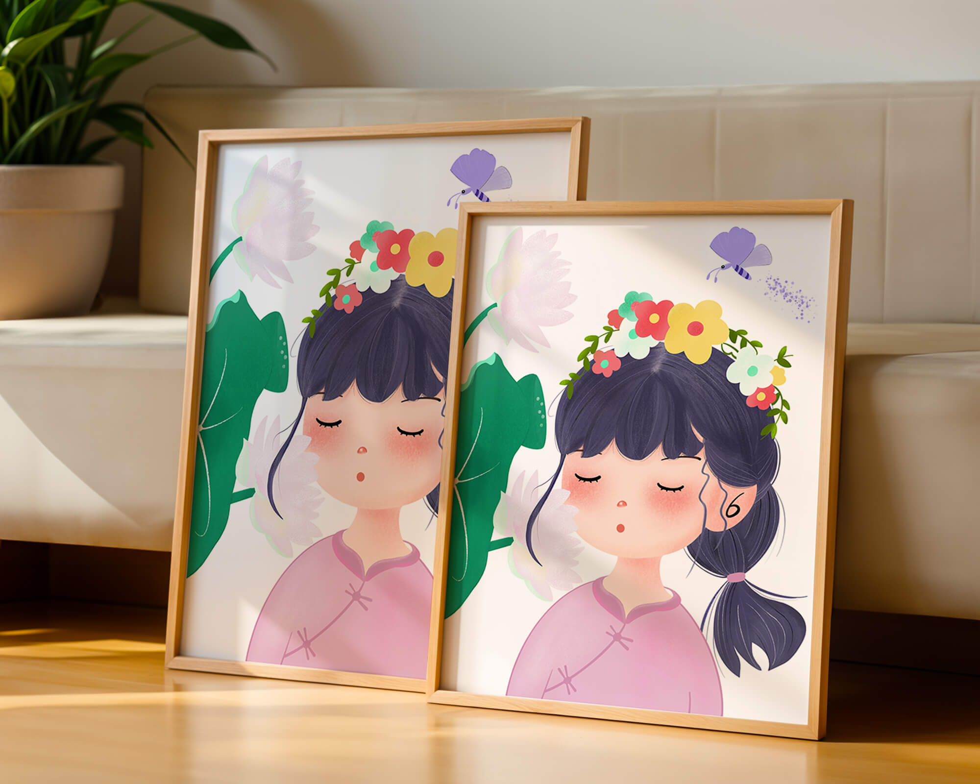 Whimsical illustration of a girl with a flower crown and butterfly