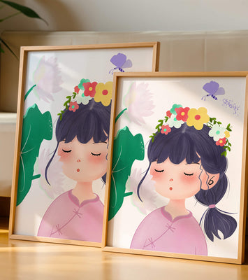 Whimsical illustration of a girl with a flower crown and butterfly