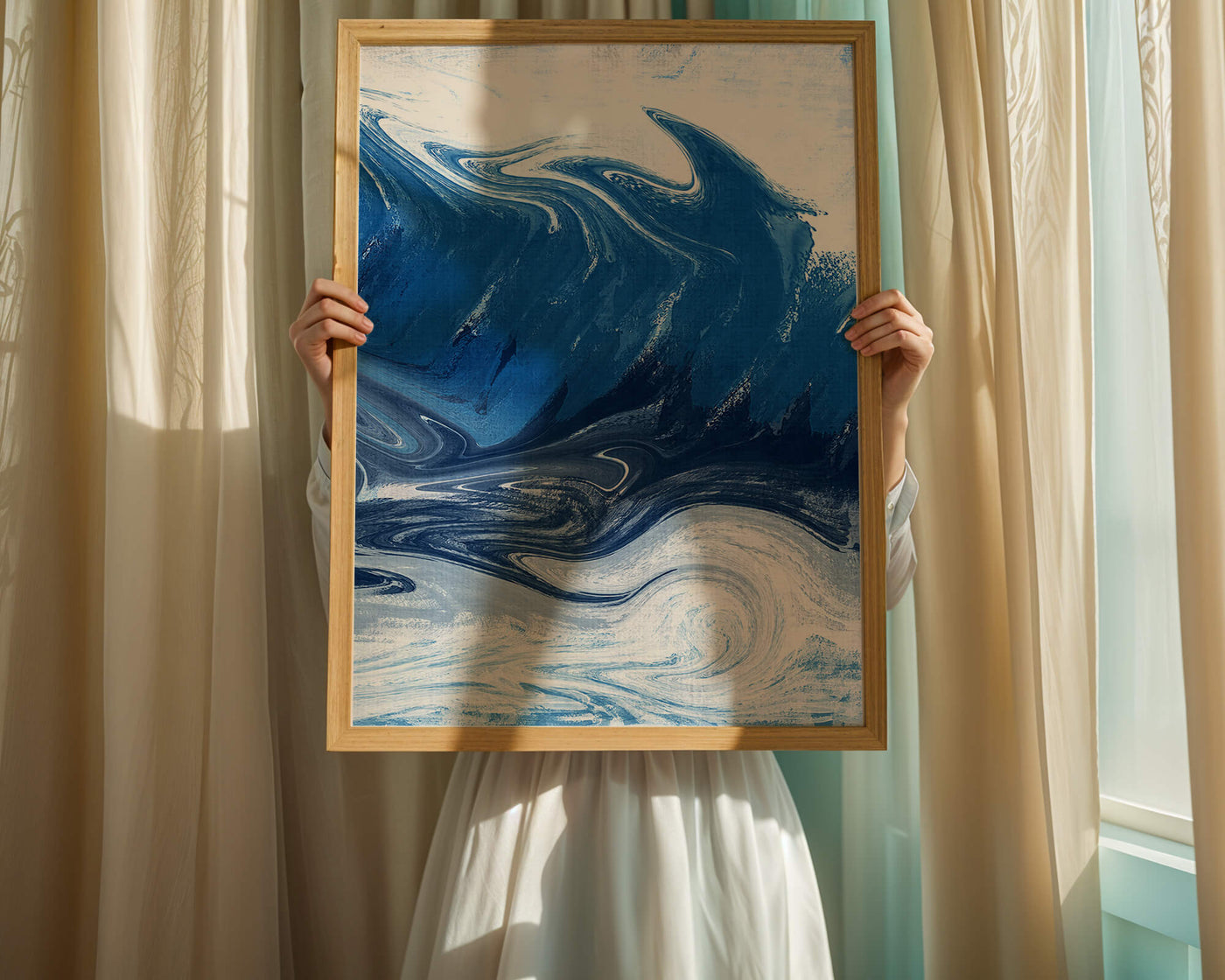 Abstract blue and white ocean wave painting with swirling patterns