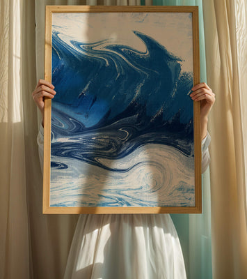 Abstract blue and white ocean wave painting with swirling patterns