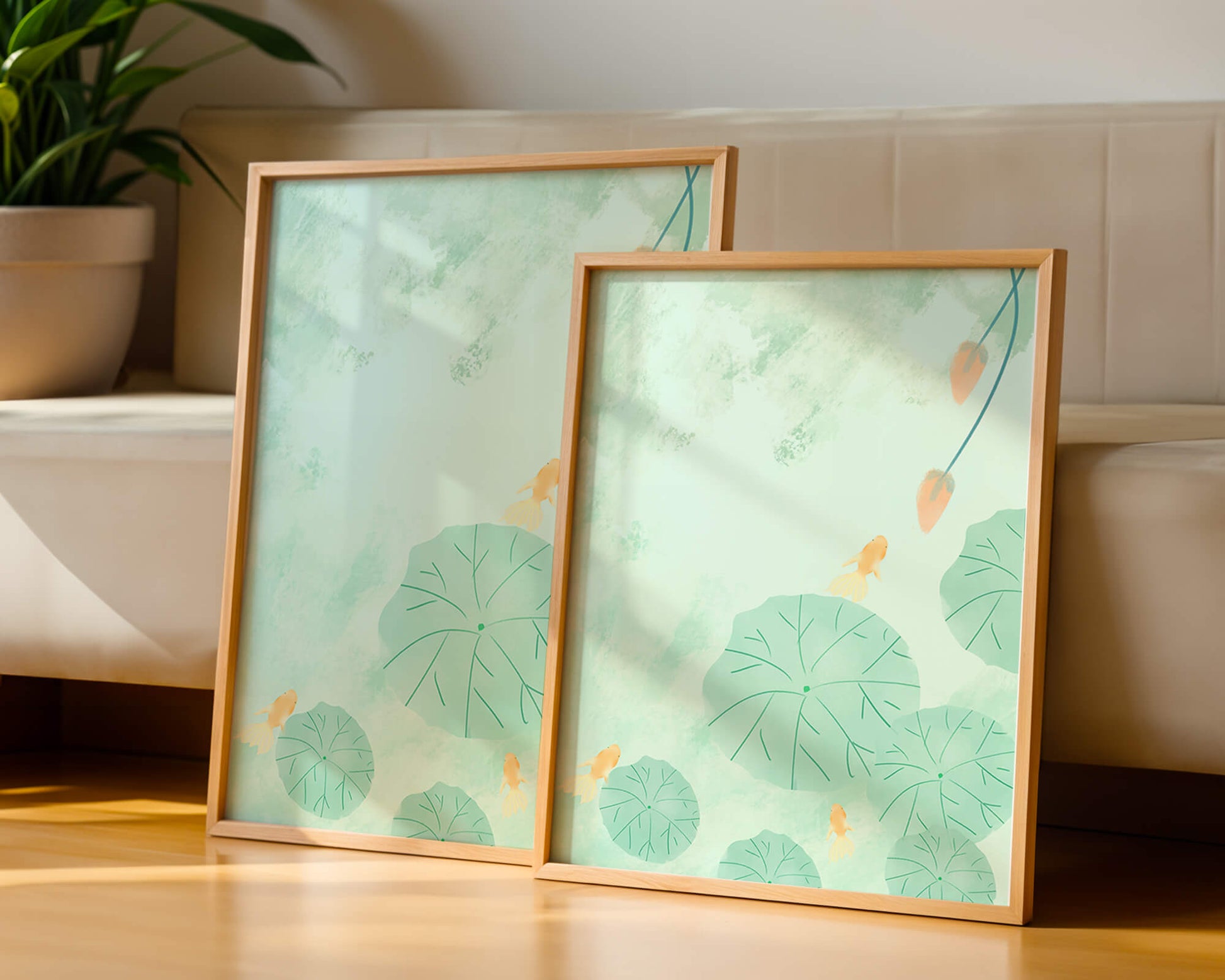 Serene Pond Scene with Goldfish and Lotus Leaves