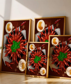 Gourmet-Meeresfrüchteplatte mit Flusskrebsen und Kaffeetassen