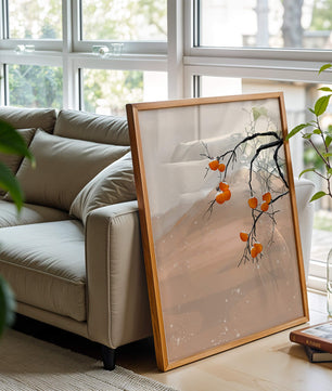 Branch with Persimmons and Snow in Minimalistic Landscape