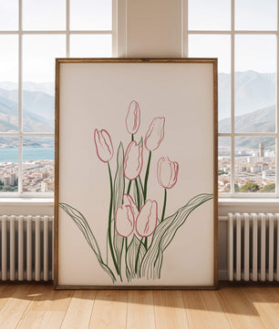 Wunderschöne rosa Tulpen mit grünen Blättern auf einer minimalistischen Leinwand