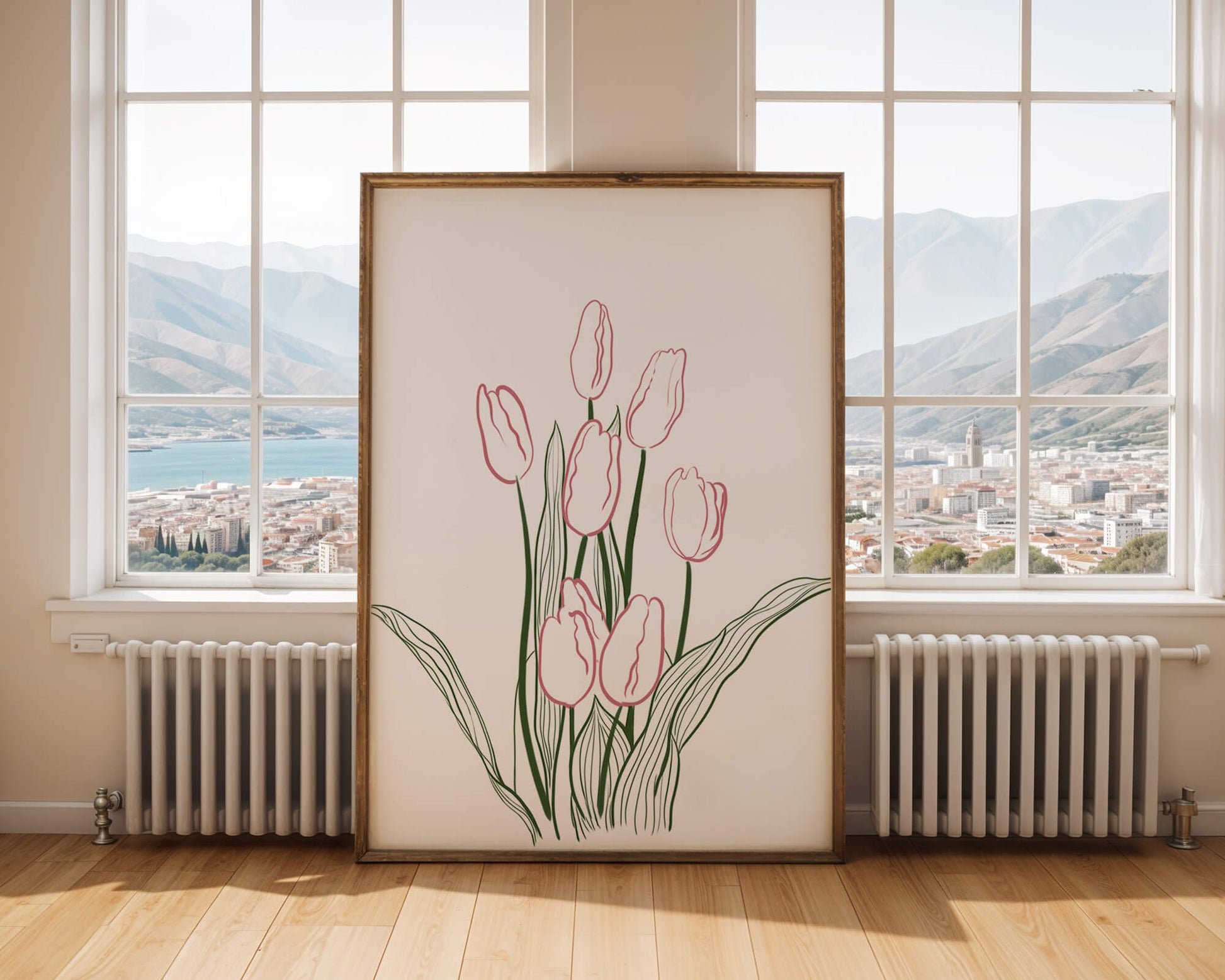 Wunderschöne rosa Tulpen mit grünen Blättern auf einer minimalistischen Leinwand