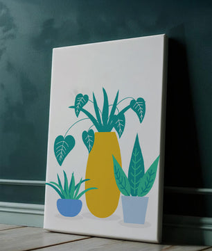 Illustration of colorful potted plants with a yellow vase