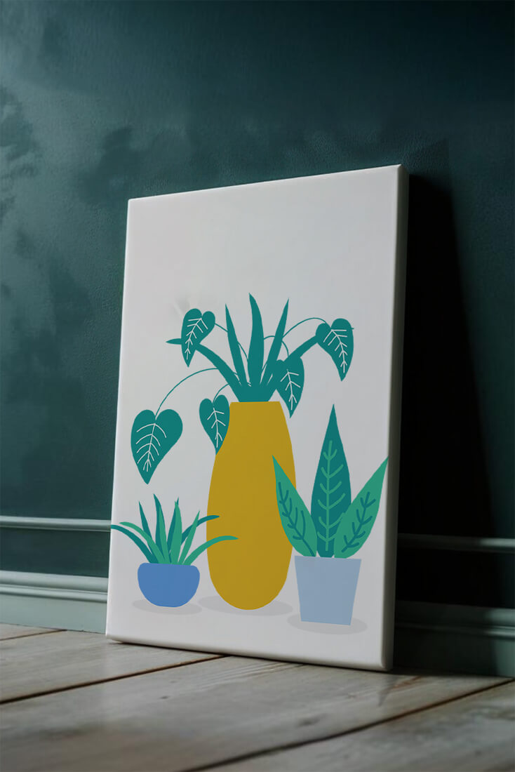 Illustration of colorful potted plants with a yellow vase
