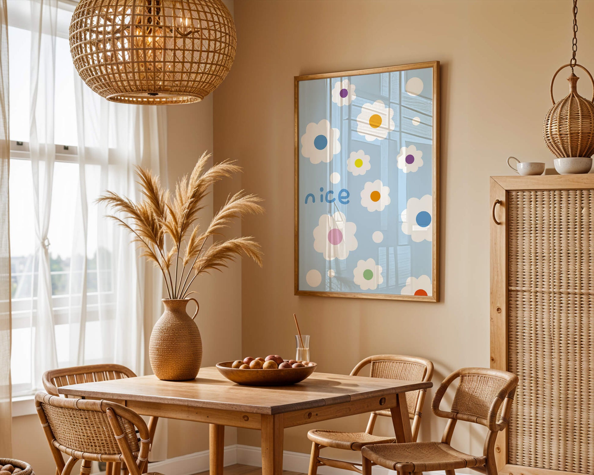 Pastel floral pattern with colorful centers on a blue background