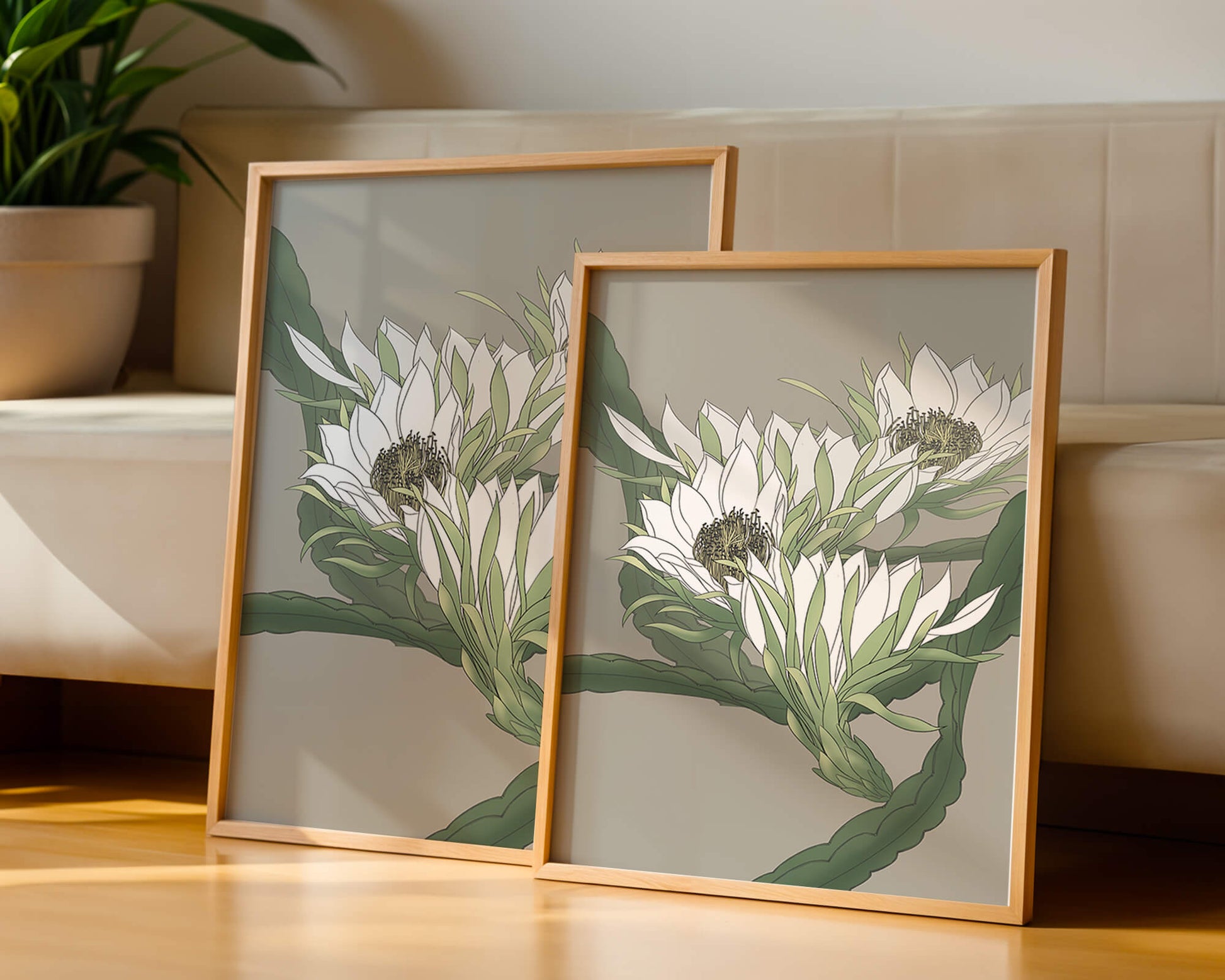 Beautiful botanical illustration of white blooming flowers with green leaves
