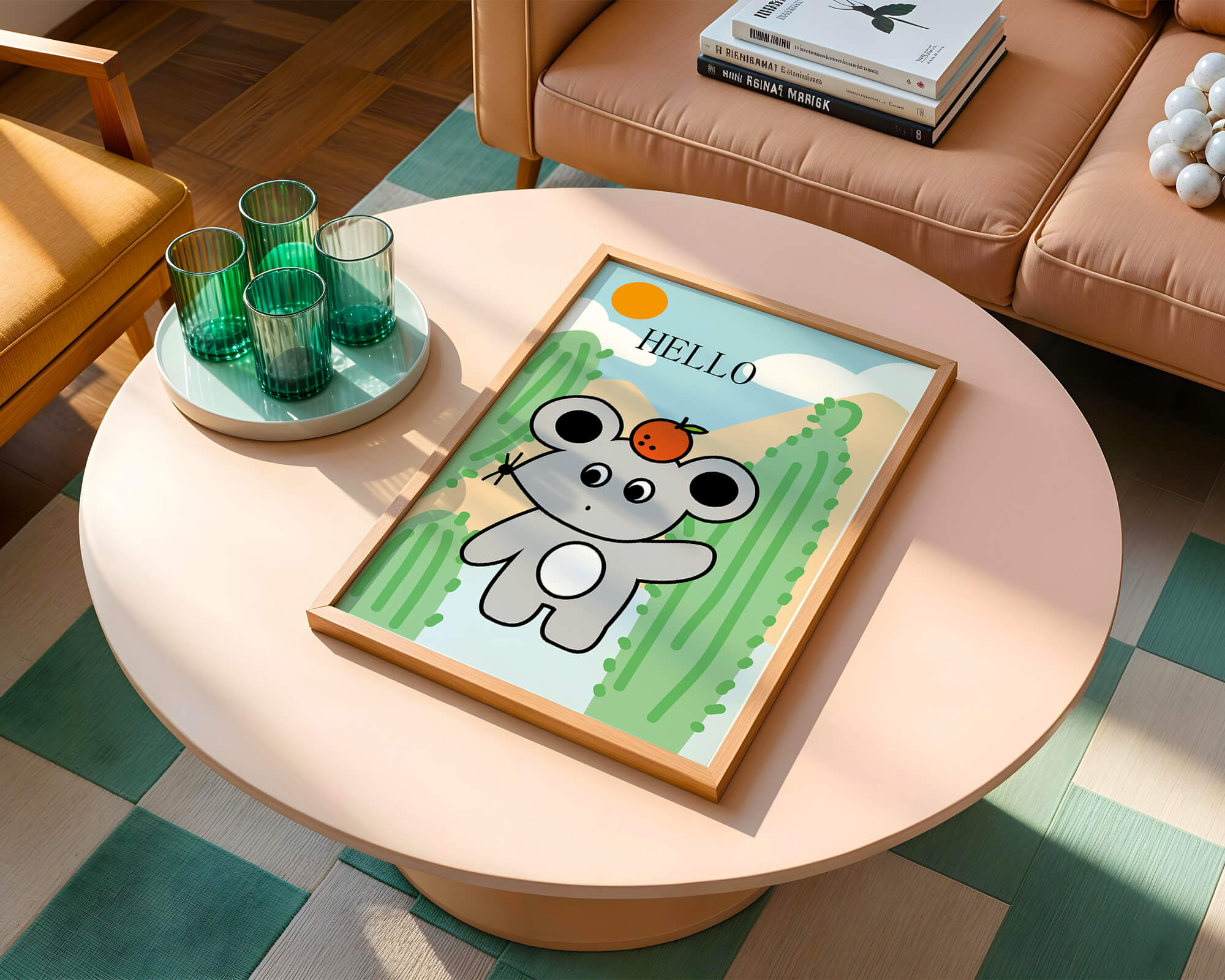 Cute illustration of a mouse with an orange on a sunny background