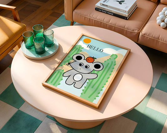 Cute illustration of a mouse with an orange on a sunny background
