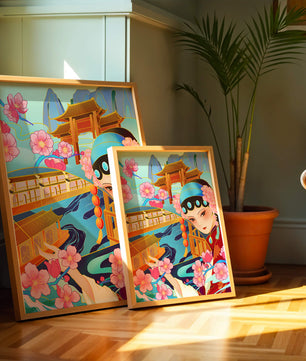 Traditional Asian art with cherry blossoms and architecture