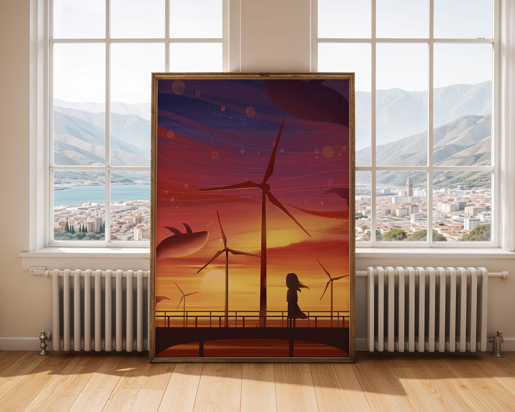 Enchanting sunset scene with wind turbines and silhouette of a girl