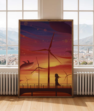 Enchanting sunset scene with wind turbines and silhouette of a girl