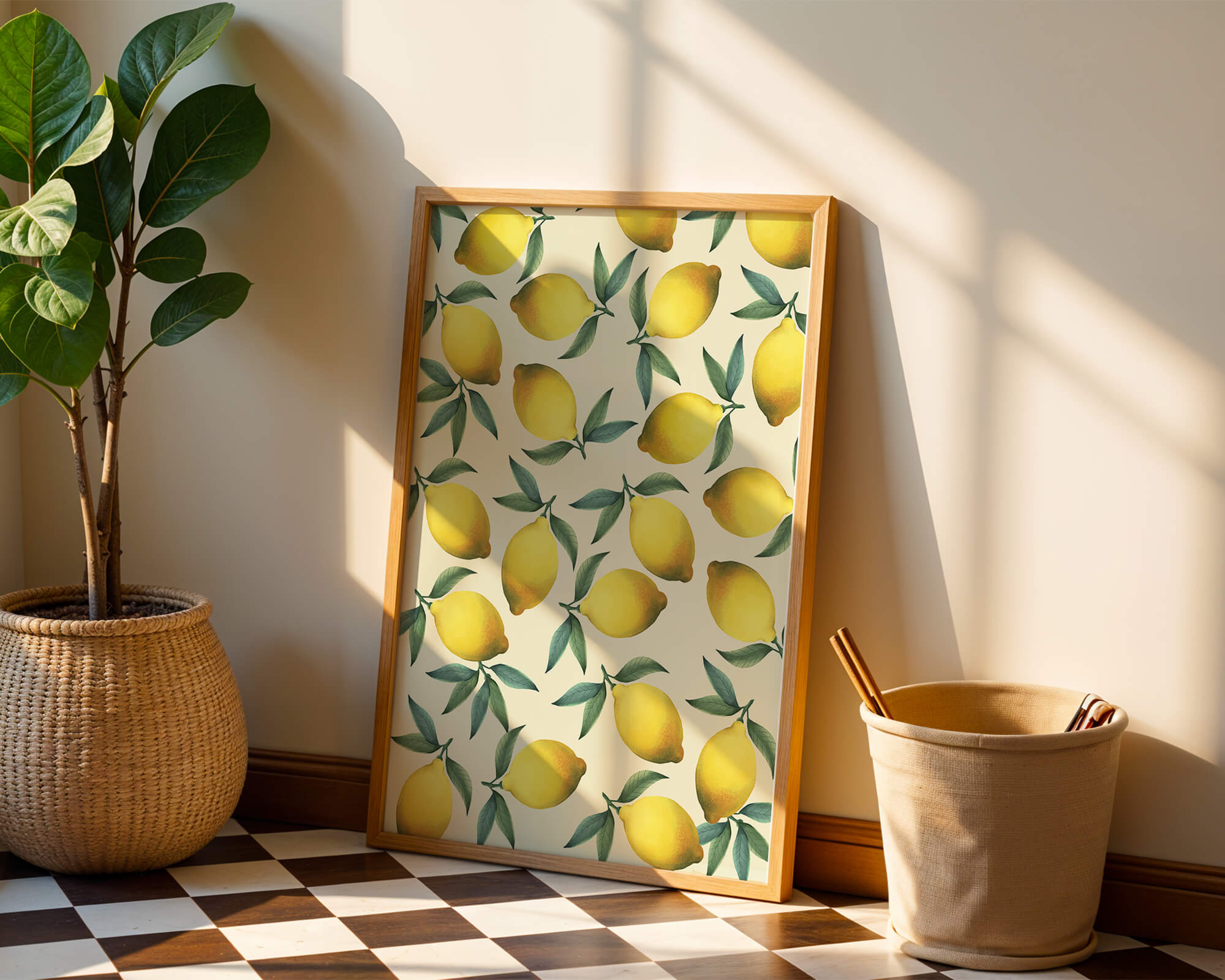 Vibrant lemon pattern with green leaves on a light background