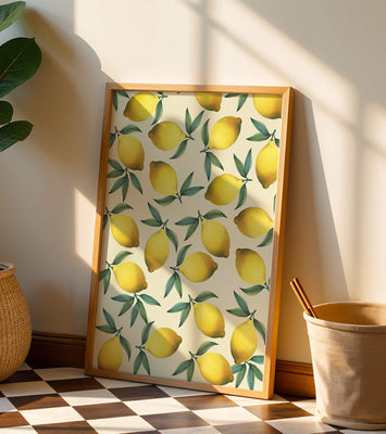 Vibrant lemon pattern with green leaves on a light background