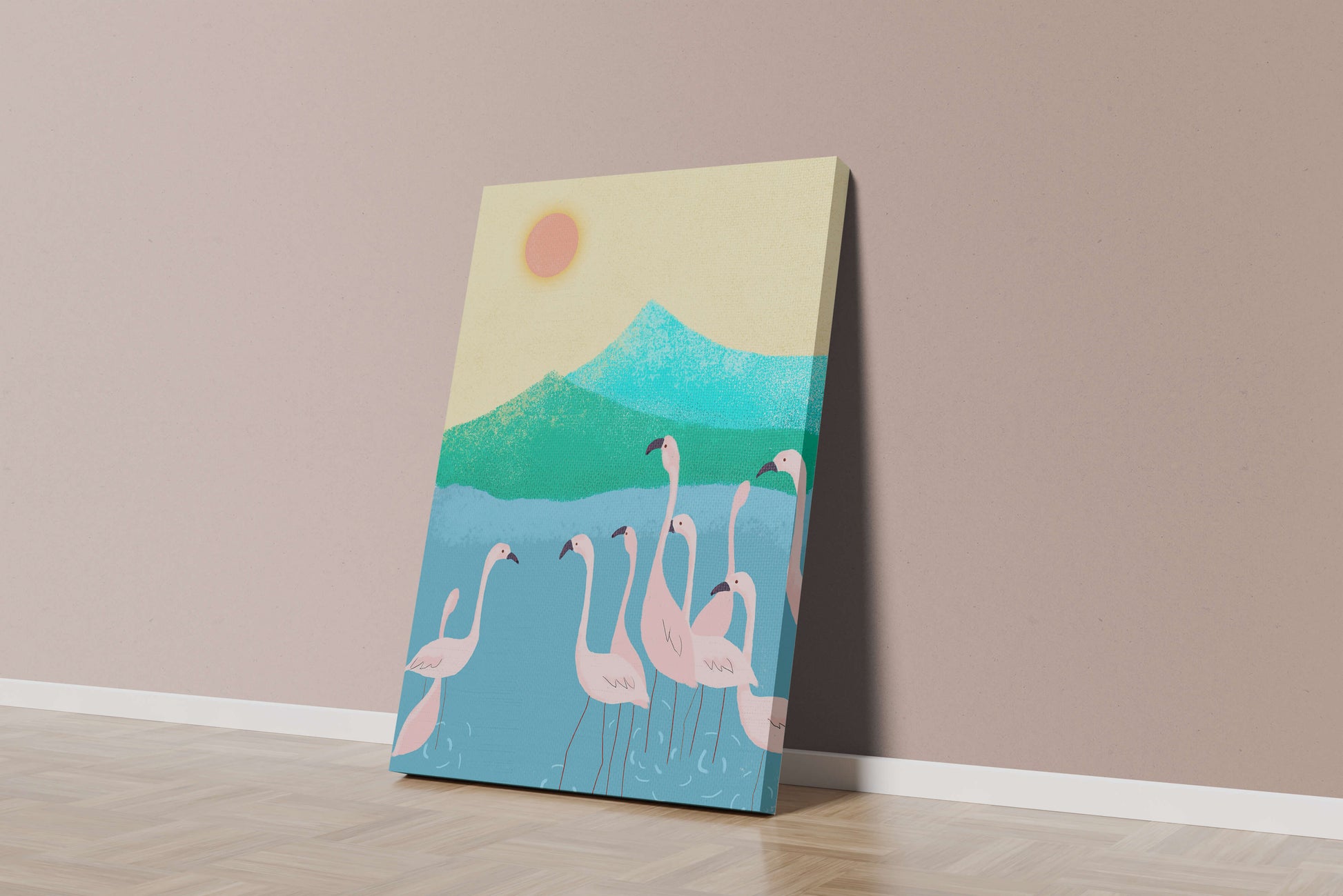 Friedliche Szene mit Flamingos in einer ruhigen Landschaft mit Bergen und Sonnenuntergang