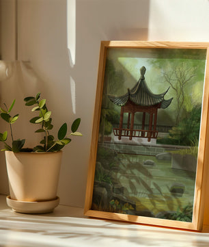 Tranquil Asian garden scene with traditional pagoda and serene pond