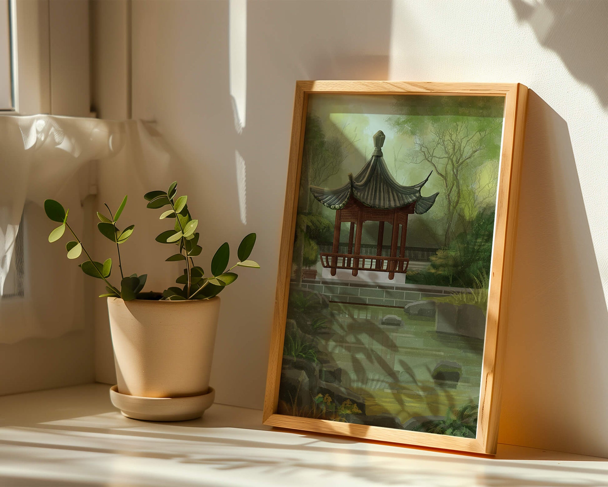 Tranquil Asian garden scene with traditional pagoda and serene pond