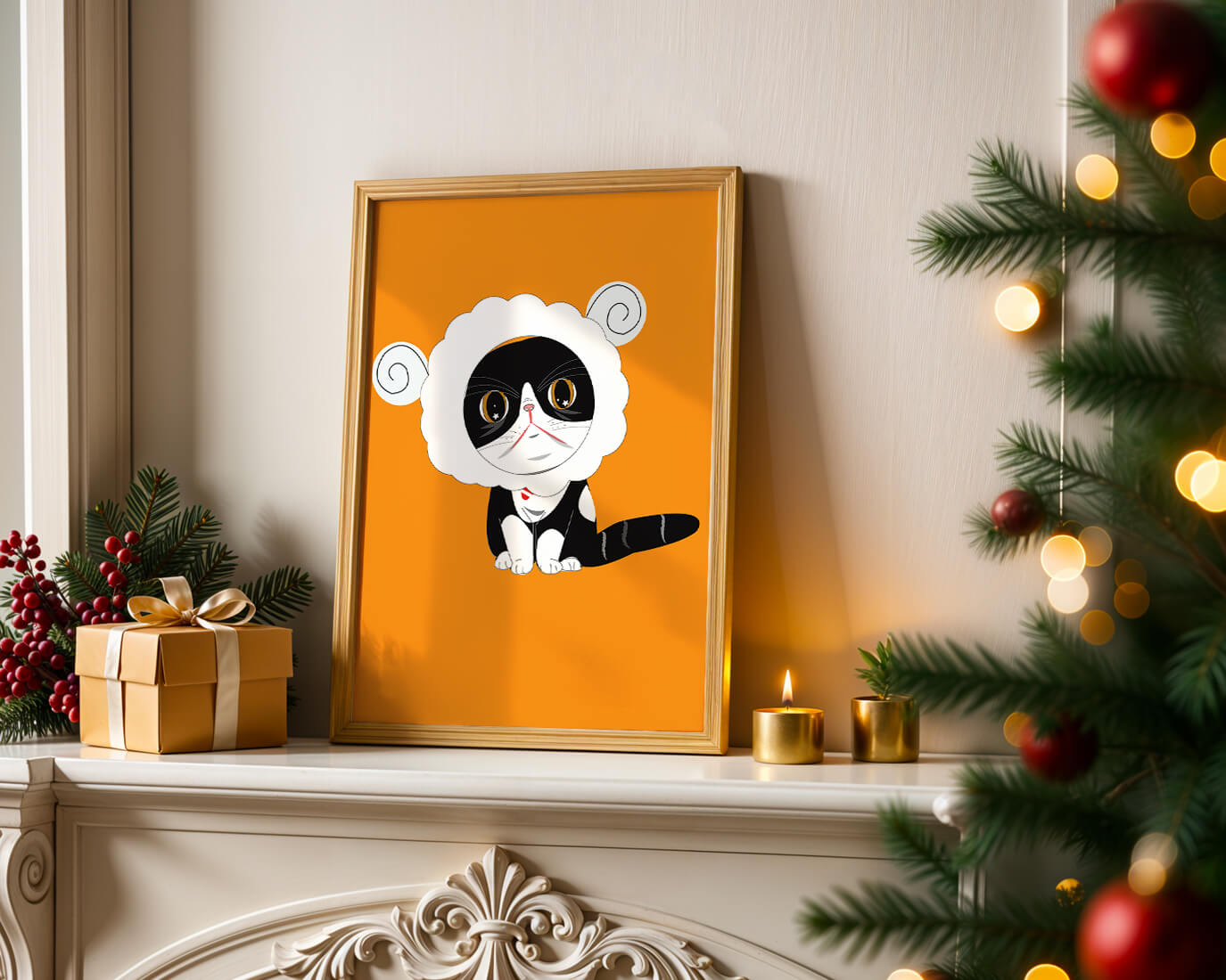 Ilustración de un gato disfrazado de oveja sobre un fondo naranja vibrante