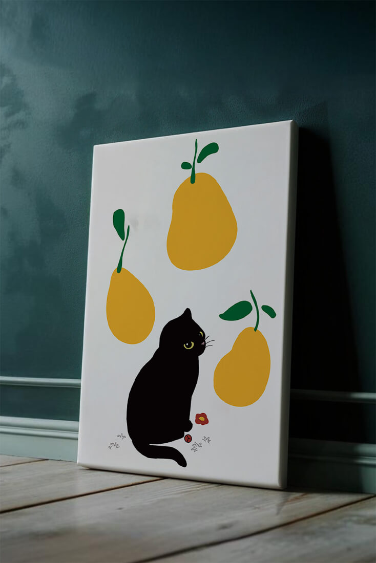 Illustration of black cat with yellow pears and green leaves