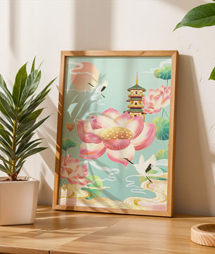 Paysage serein avec des fleurs de lotus et une pagode traditionnelle