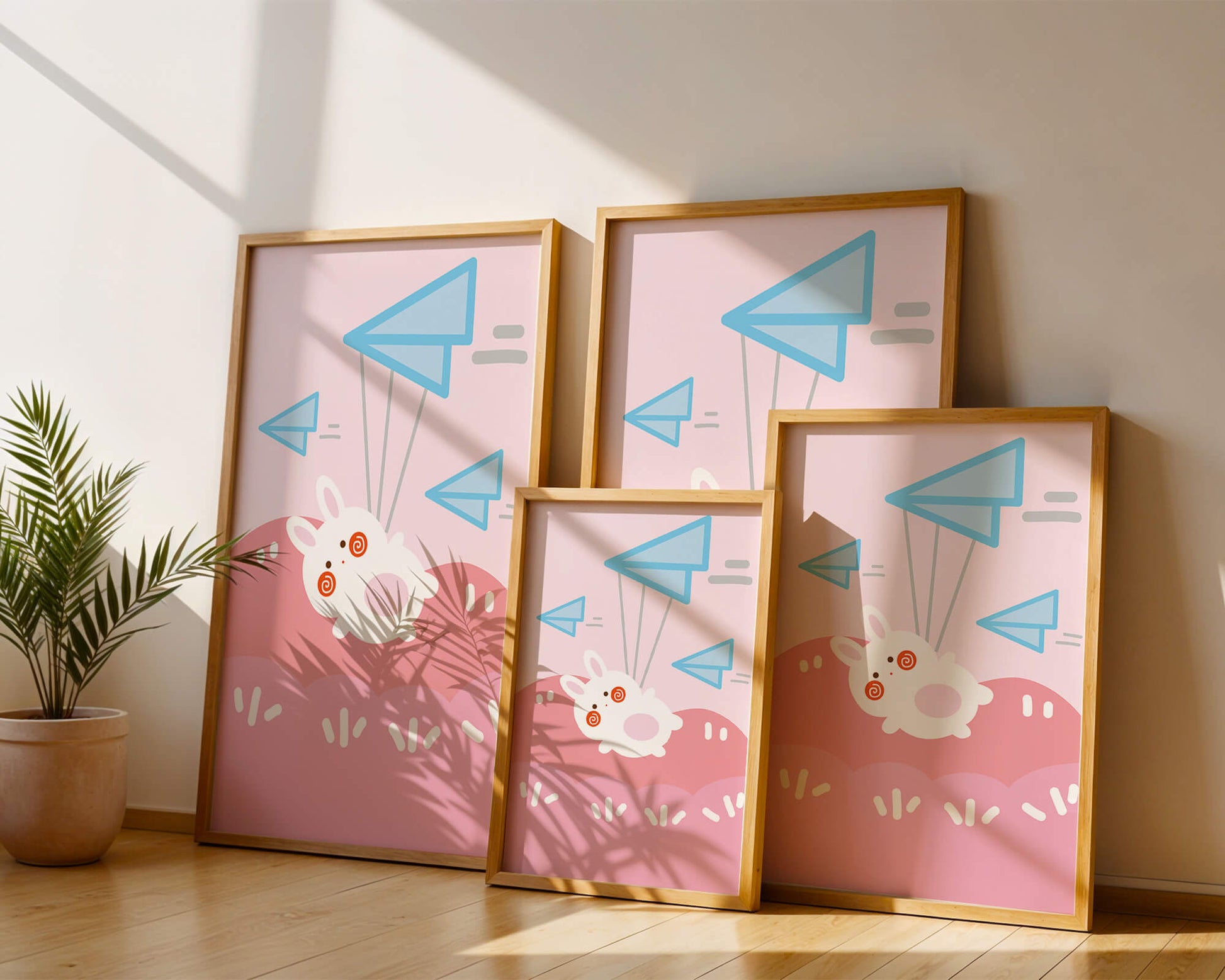 Adorable cartoon bunny flying with paper planes on a pink background