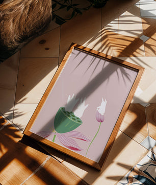 Whimsical Rabbits on Lotus with Pink Background