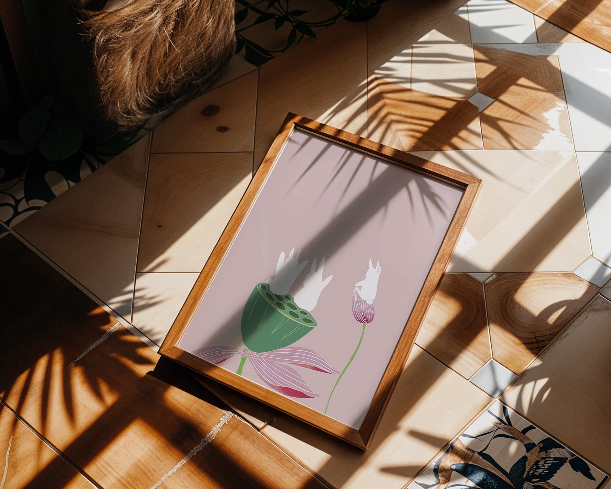 Whimsical Rabbits on Lotus with Pink Background