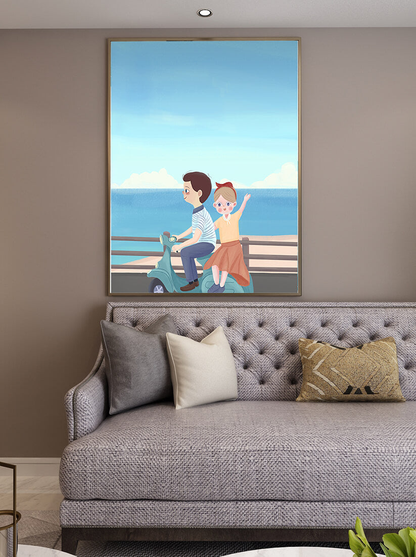 Young couple enjoying a scenic scooter ride by the seaside