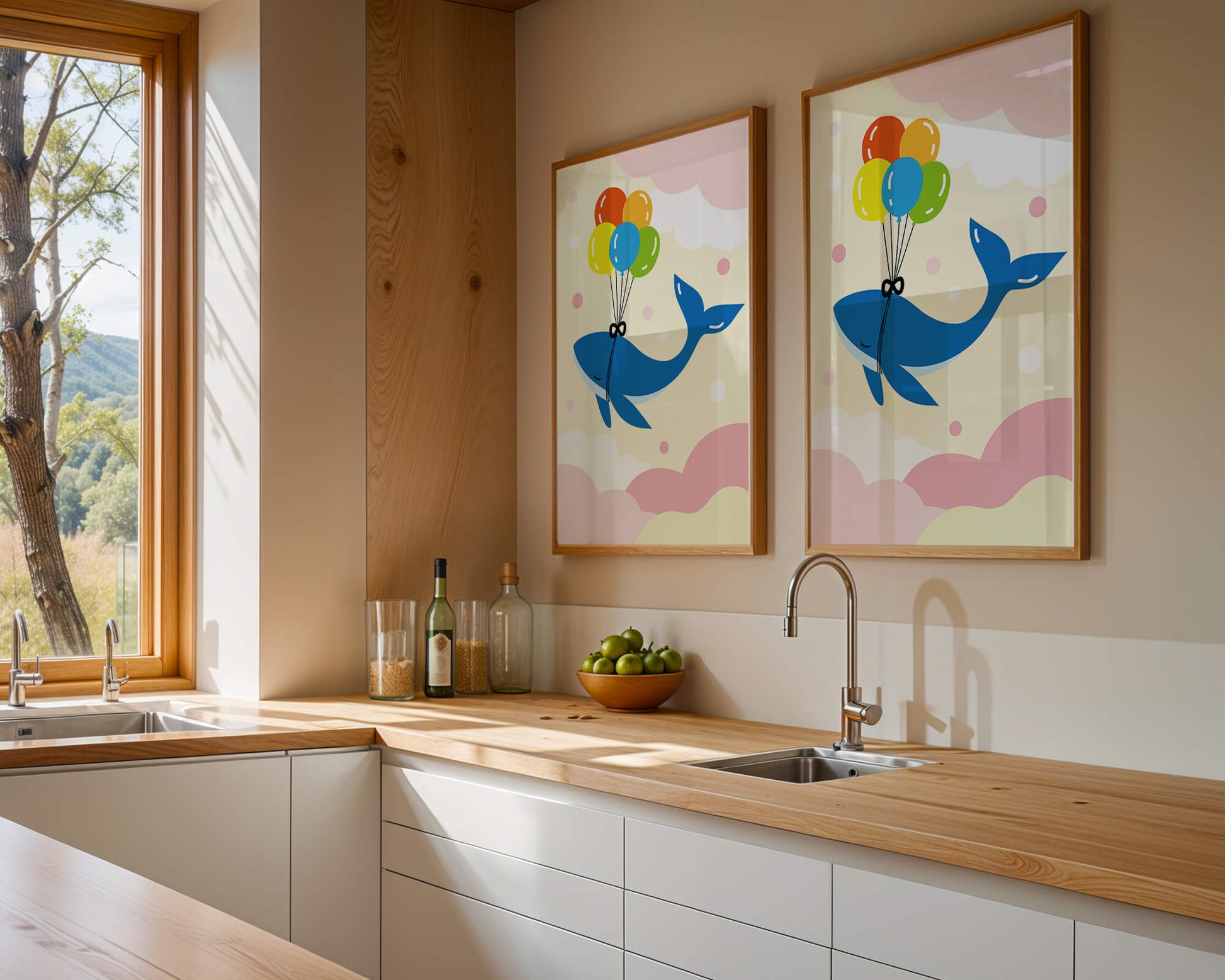 Skurriler Wal, der mit bunten Luftballons fliegt