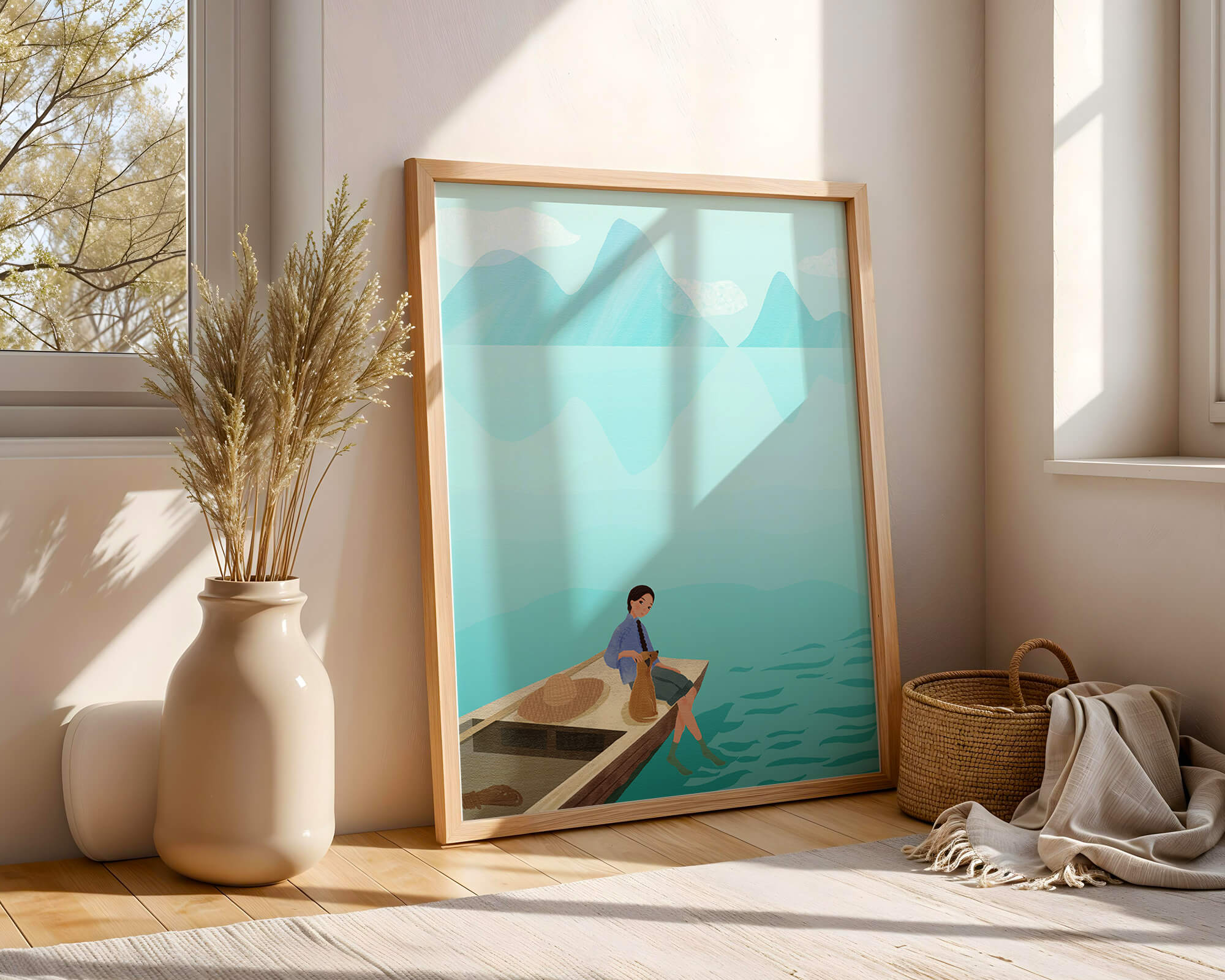 Serene scene with woman and dog on a boat by tranquil waters