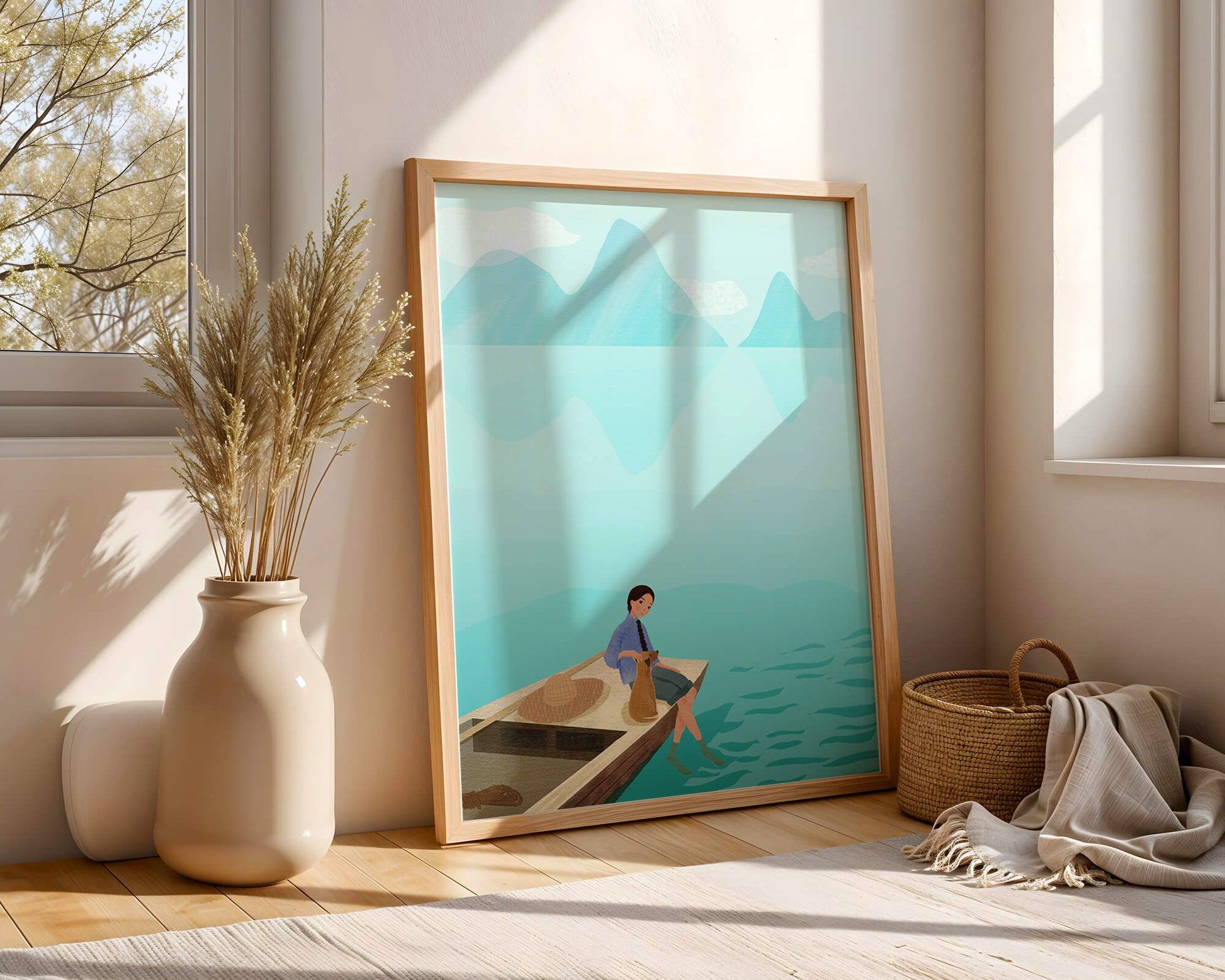 Serene scene with woman and dog on a boat by tranquil waters