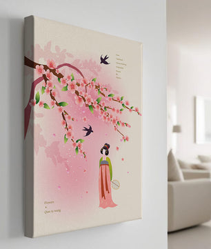 Art chinois traditionnel avec des fleurs de cerisier et une silhouette élégante