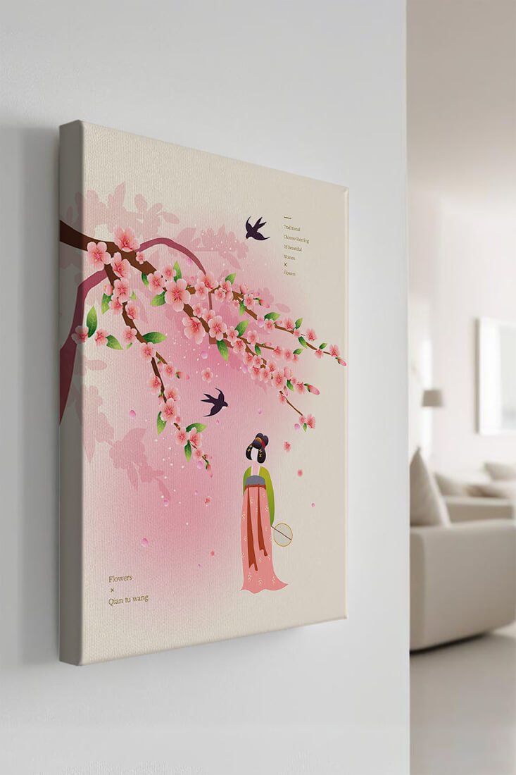 Traditional Chinese art with cherry blossoms and elegant figure