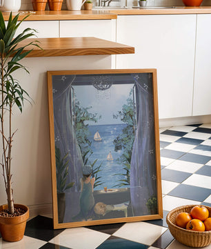 Serene seaside view from an open window with a sailboat and relaxing atmosphere