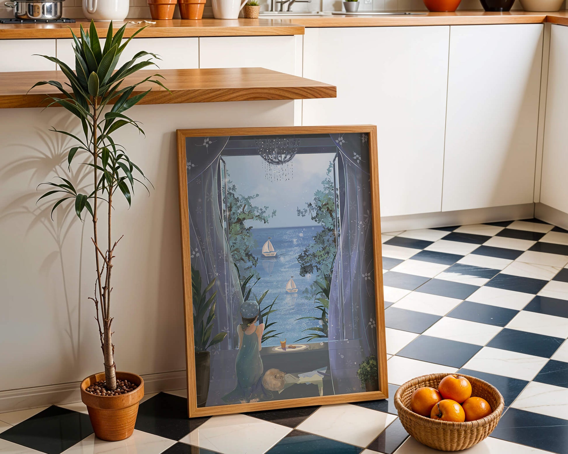Serene seaside view from an open window with a sailboat and relaxing atmosphere