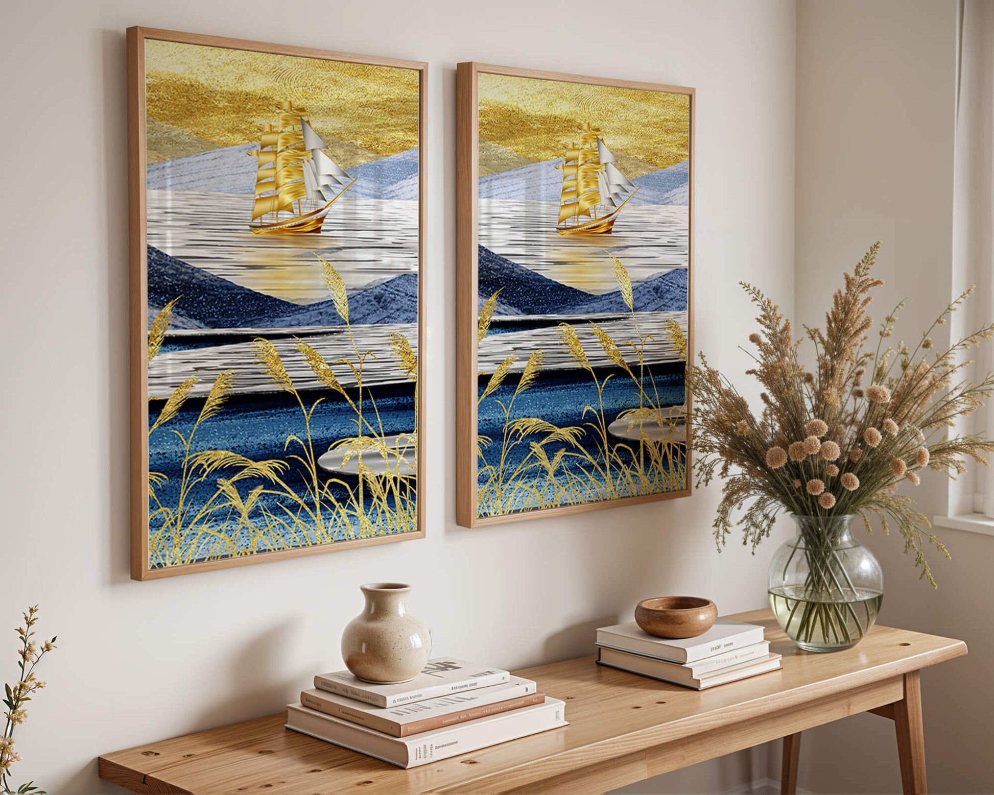 Golden Sailboat on Blue and Gold Landscape