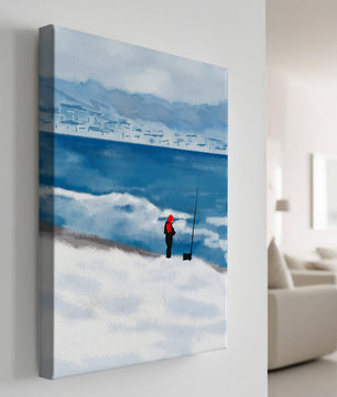 Winterlandschaft mit Person in roter Jacke am Meer