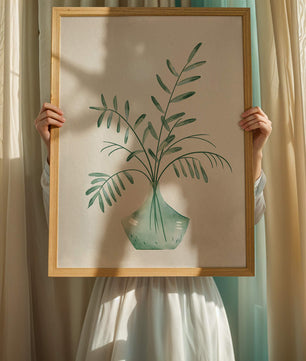 Illustration minimaliste à l’aquarelle de feuilles vertes dans un vase en verre
